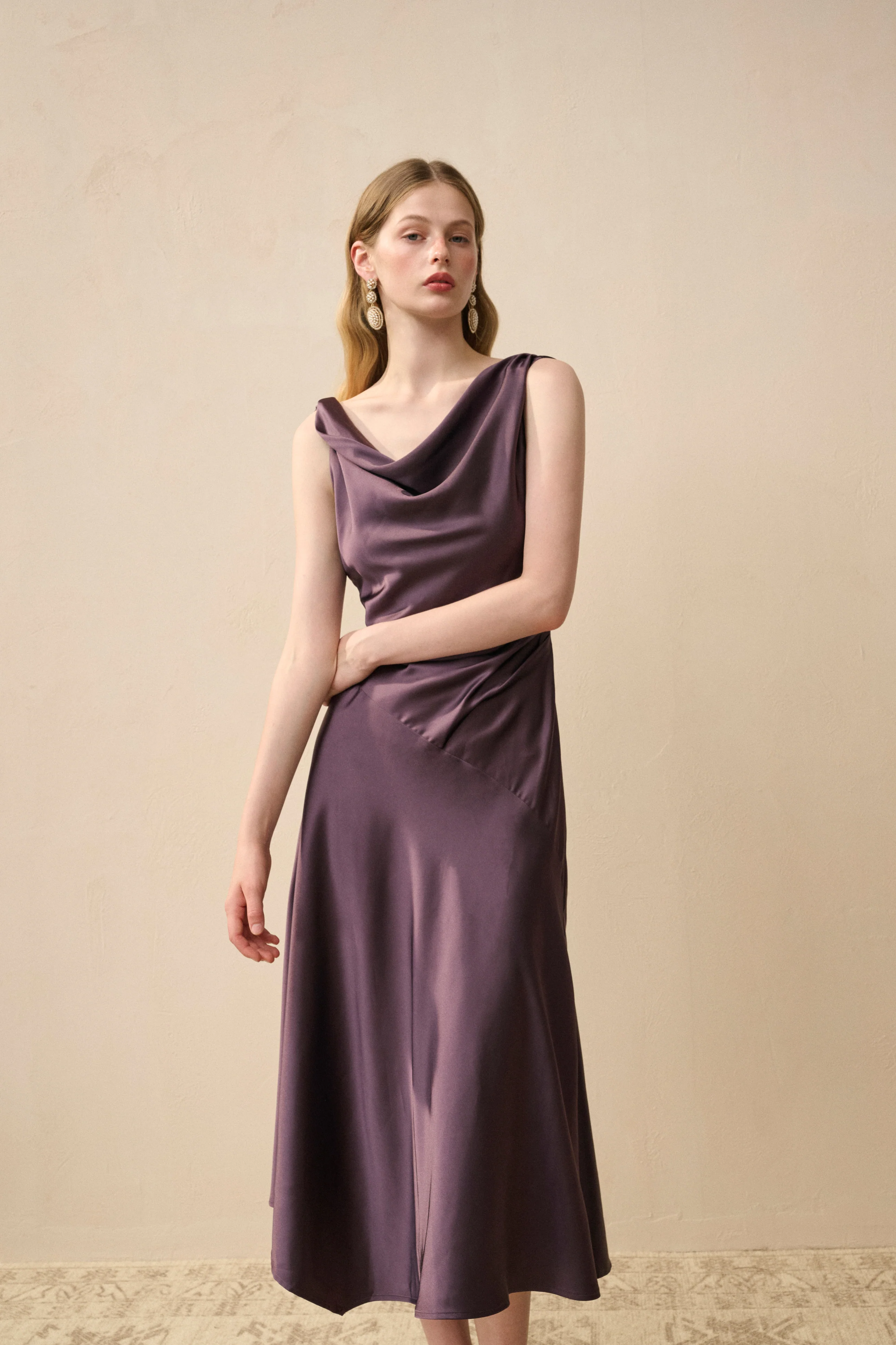 Cowl neck satin midi dress
