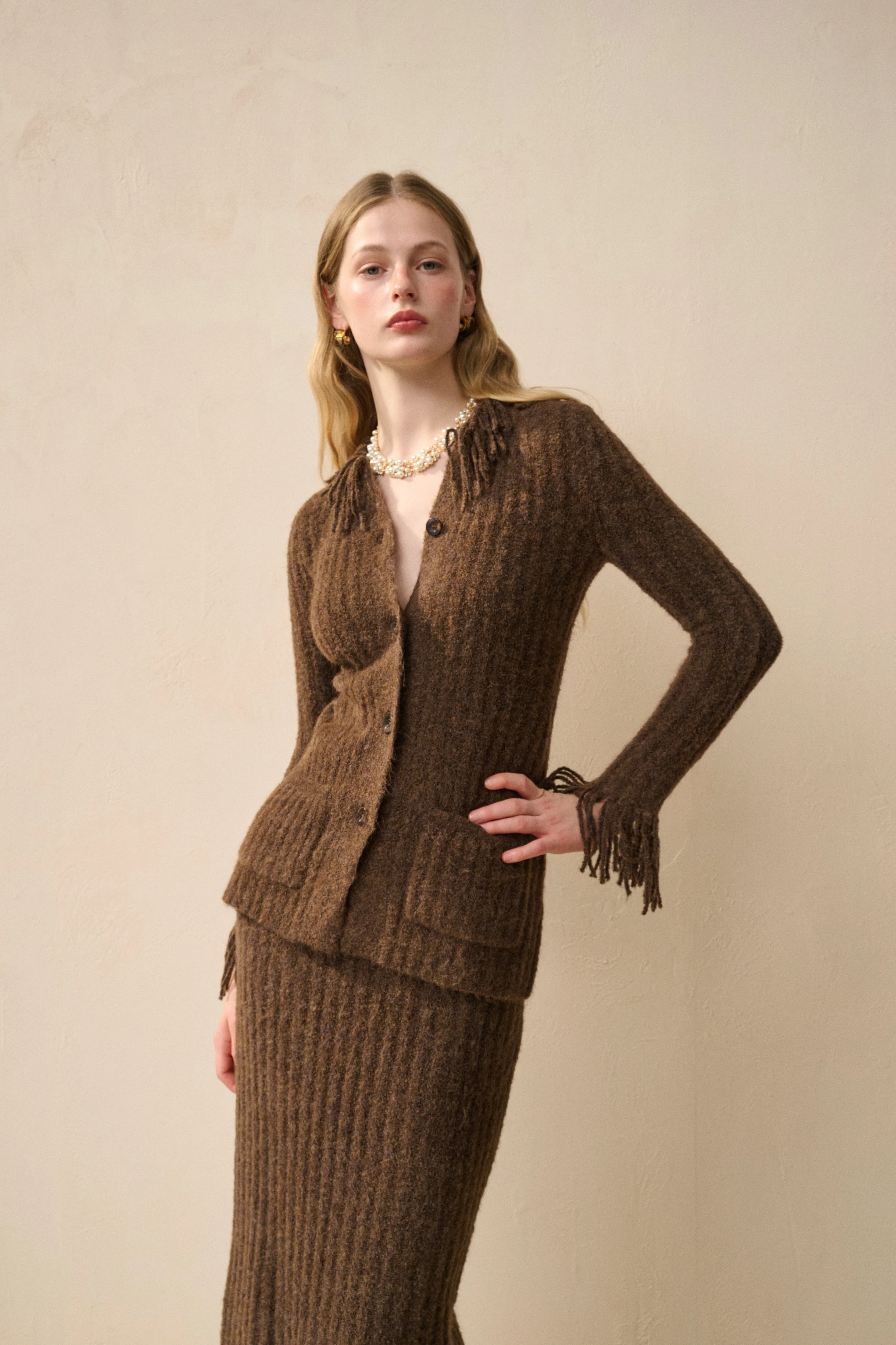 Fringed wool blend cardigan