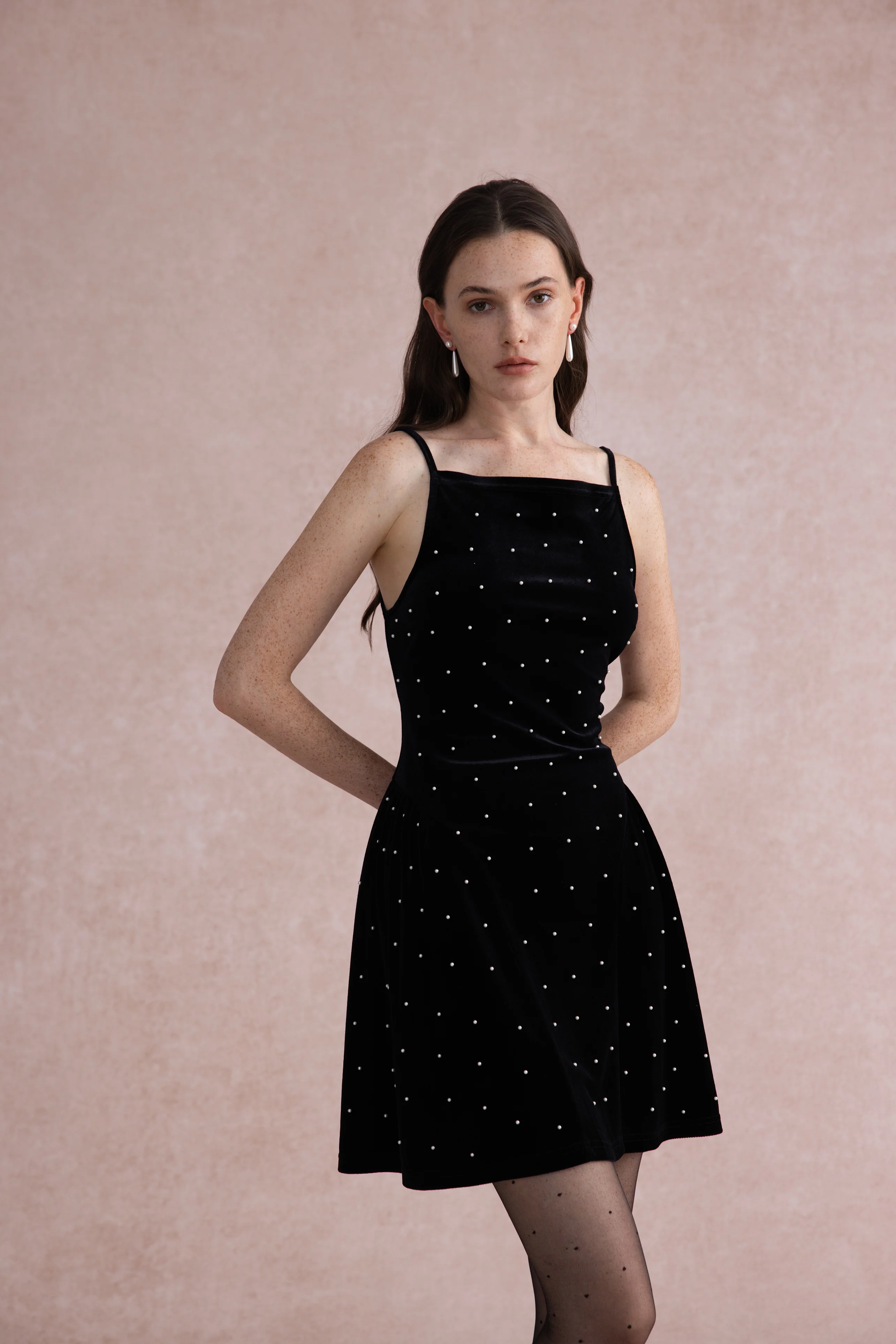Pearl-dot velvet open back dress