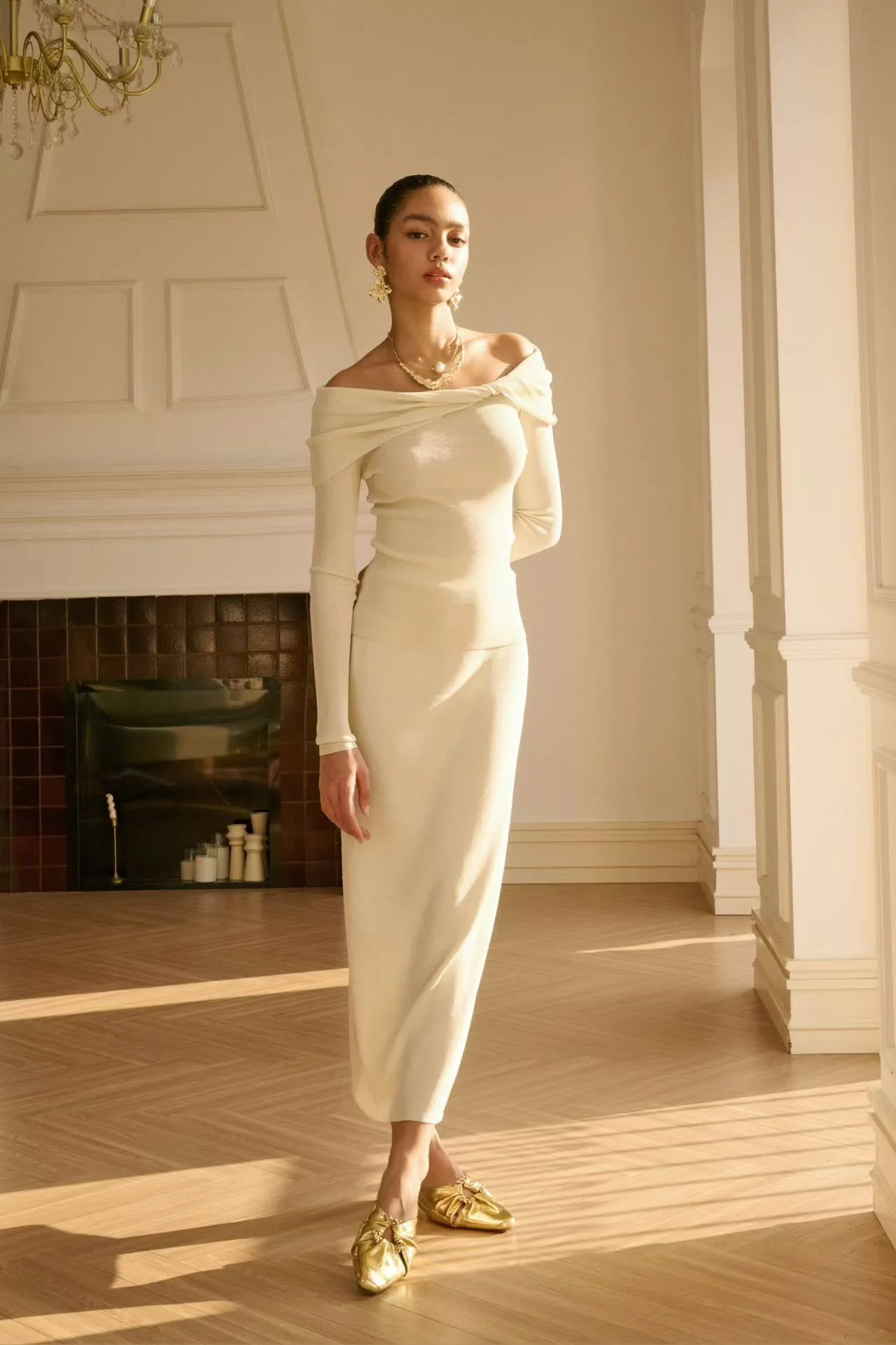 Off shoulder twist knit set