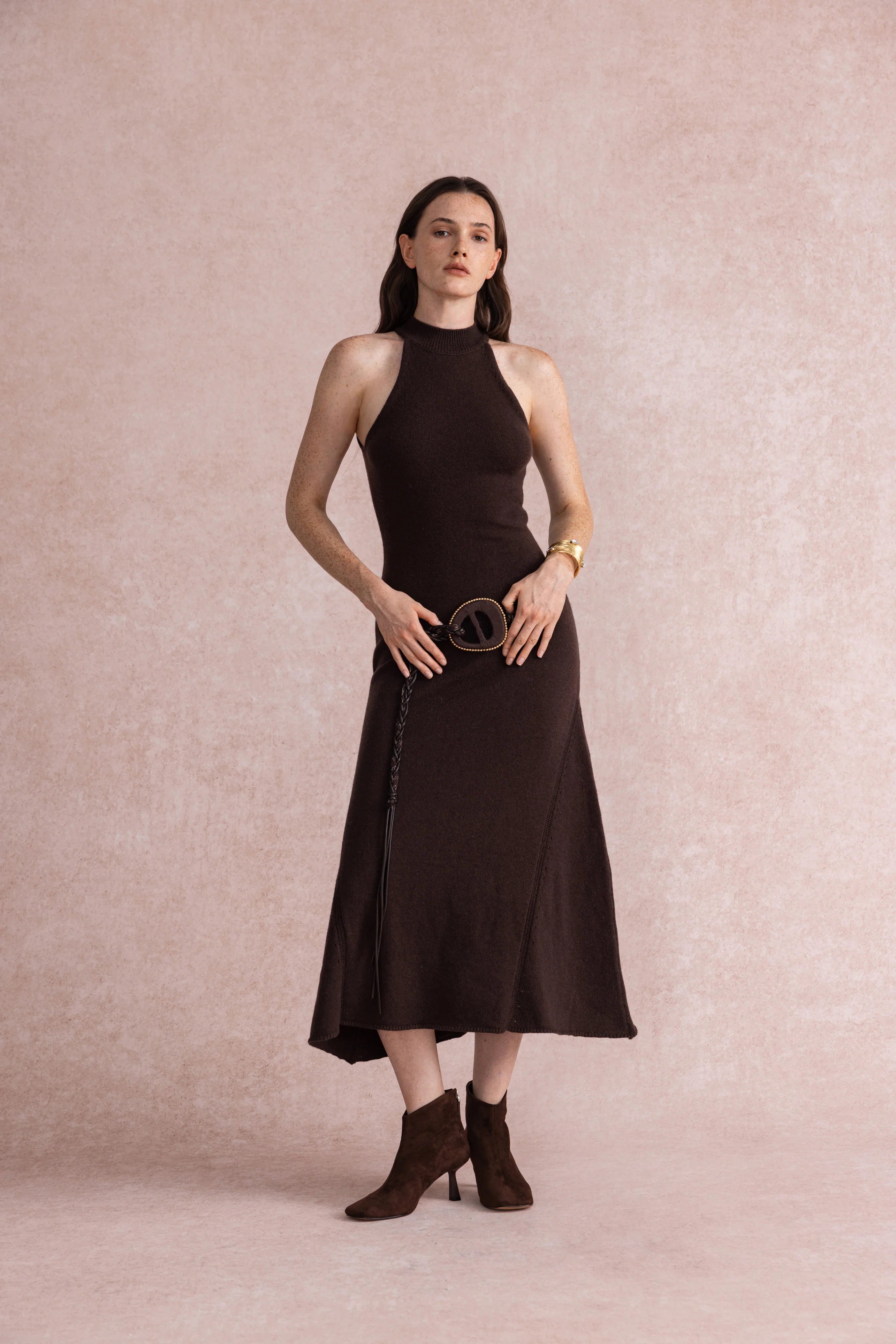 Halterneck fit and flare knit dress